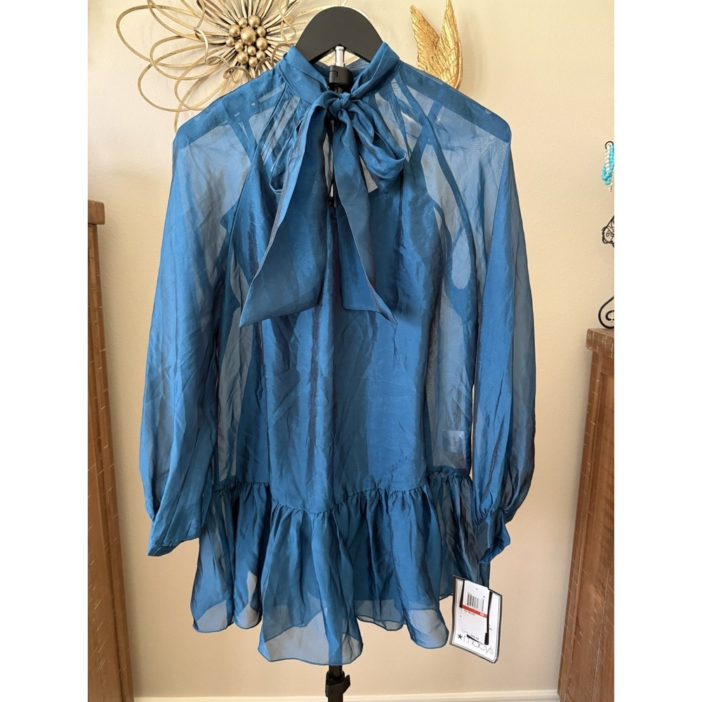 Seni & Cade Blouse XS NWT Teal Sheer Organza Bow Tie Neck Ruffle Hem $69
